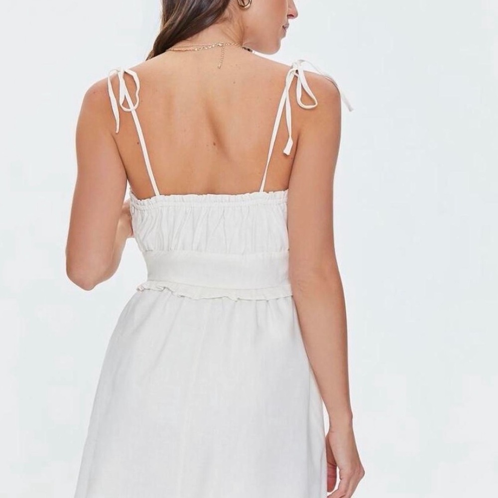 NWT Forever 21 Cream Color Linen Tie-Front Spaghetti Strap Mini Dress - Picture 2 of 9